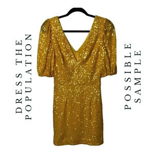 DRESS THE POPULATION POSSIBLE SAMPLE DRESS MINI LENGTH GOLD SEQUINS SHORT SLEEVE